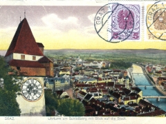 Graz Uhrturm am Schlossberg mit Blick auf die Stadt