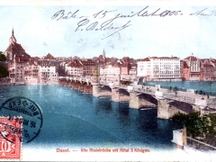 Basel alte Rheinbrücke mit Hotel 3 Königen