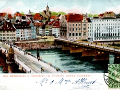 Basel alte Rheinbrücke u Notbrücke im Verkehr neben einander