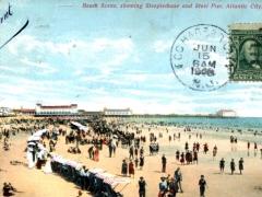 Atlantic City Beach Scene showing Steeplechase and Steel Pier
